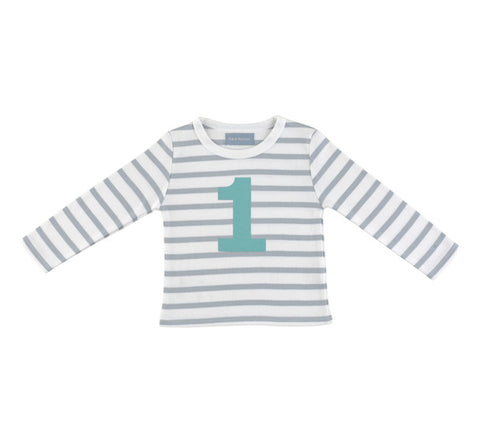 Long Sleeve T-Shirt  - Numbered 1 Grey & White Breton Stripe