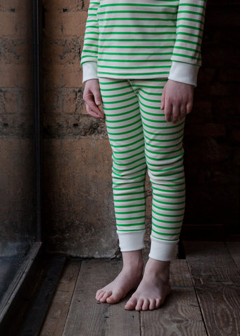 Original Sleepy Doe Long Sleeve Unisex Green Breton Stripe  PJ Set Campaign MyBabyEdit