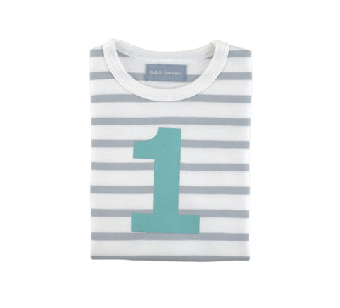 Long Sleeve T-Shirt  - Numbered 1 Grey & White Breton Stripe