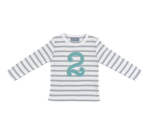 Long Sleeve T-Shirt  - Numbered 2 Grey & White Breton Stripe