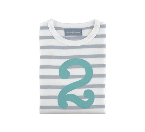 Long Sleeve T-Shirt  - Numbered 2 Grey & White Breton Stripe