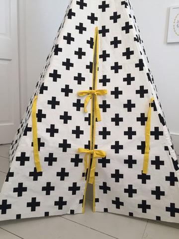 Original Wildfire Teepee Cross Print Yellow Trim Close Up MyBabyEdit