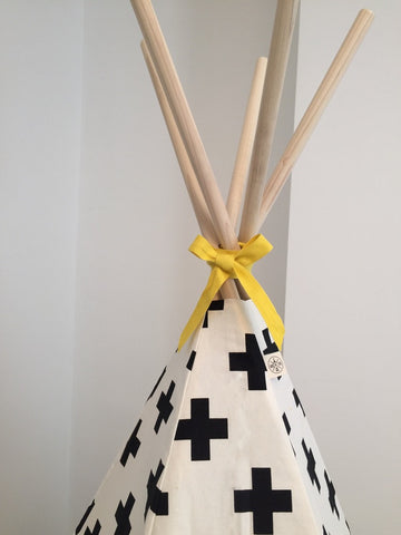 Original Wildfire Teepee Cross Print Yellow Trim Close Up 2 MyBabyEdit