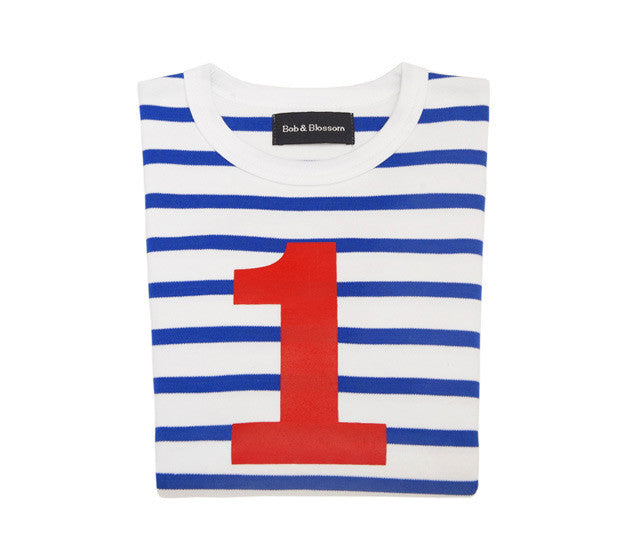 Long Sleeve T-Shirt  - Numbered 1 French Blue & White Breton Stripe