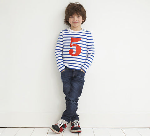 Long Sleeve T-Shirt  - Numbered 1 French Blue & White Breton Stripe
