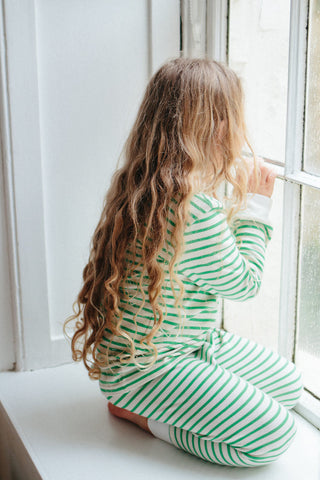Original Sleepy Doe Long Sleeve Unisex Green Breton Stripe  PJ Set Campaign Girl MyBabyEdit