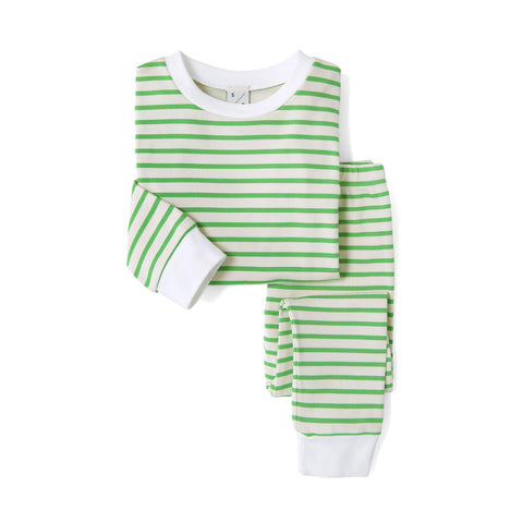 Unisex Green & Oatmeal Breton Stripe Long Sleeve PJ set